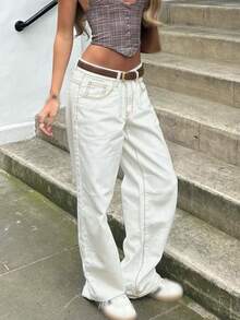 Elegant & Fashionable Women's Casual Everyday Commute Relaxation Jeans, Loose Fit With Pockets, Suitable For Back To School, Daily Wear, Loungewear And Vacation - White - View 4