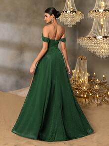 女士优雅露肩高开衩 A 字形礼服：适合盛大婚礼、尊贵舞厅舞会、独家红毯活动、高端慈善晚会、奢华新年晚会 - 墨綠色 - 查看 2