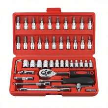 46 Pieces Set Mechanic Tool Kit 1/4-Inch Drive Ratchet Socket Wrench Set With Storage Case,Includes Metric Bit Sockets And Extension Bar For Car Repair And Home Maintenance - Red - View 1