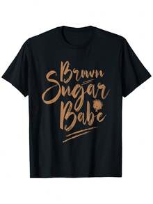 Brown Sugar Youngsters Graphic T-Shirt For African American Women - 100% Cotton Casual Short Sleeve Tee With Golden Lettering & Geometric Print, Round Neck Comfort Fit, Machine Washable, Sizes S-XXXL, Everyday Comfort |   Playful Design |   Soft Texture - 黑色 - 查看 1