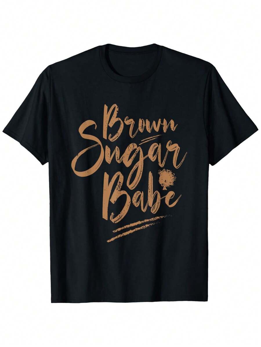 Brown Sugar Youngsters Graphic T-Shirt For African American Women - 100% Cotton Casual Short Sleeve Tee With Golden Lettering & Geometric Print, Round Neck Comfort Fit, Machine Washable, Sizes S-XXXL, Everyday Comfort | Playful Design | Soft Texture - 黑色 - 查看 1