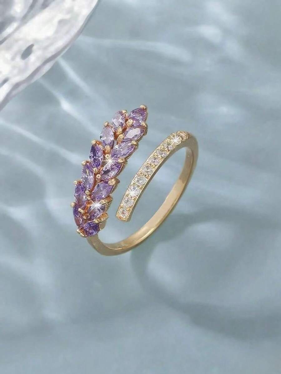 1pc Zirconia Double Row Open Ring, Suitable For Everyday Wear - Gold + Purple - View 1