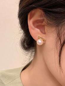 Tkool 2pcs Women's Minimalist T-Shaped Pearl Stud Earrings, Daily Accessory Gift - Multicolor - View 9