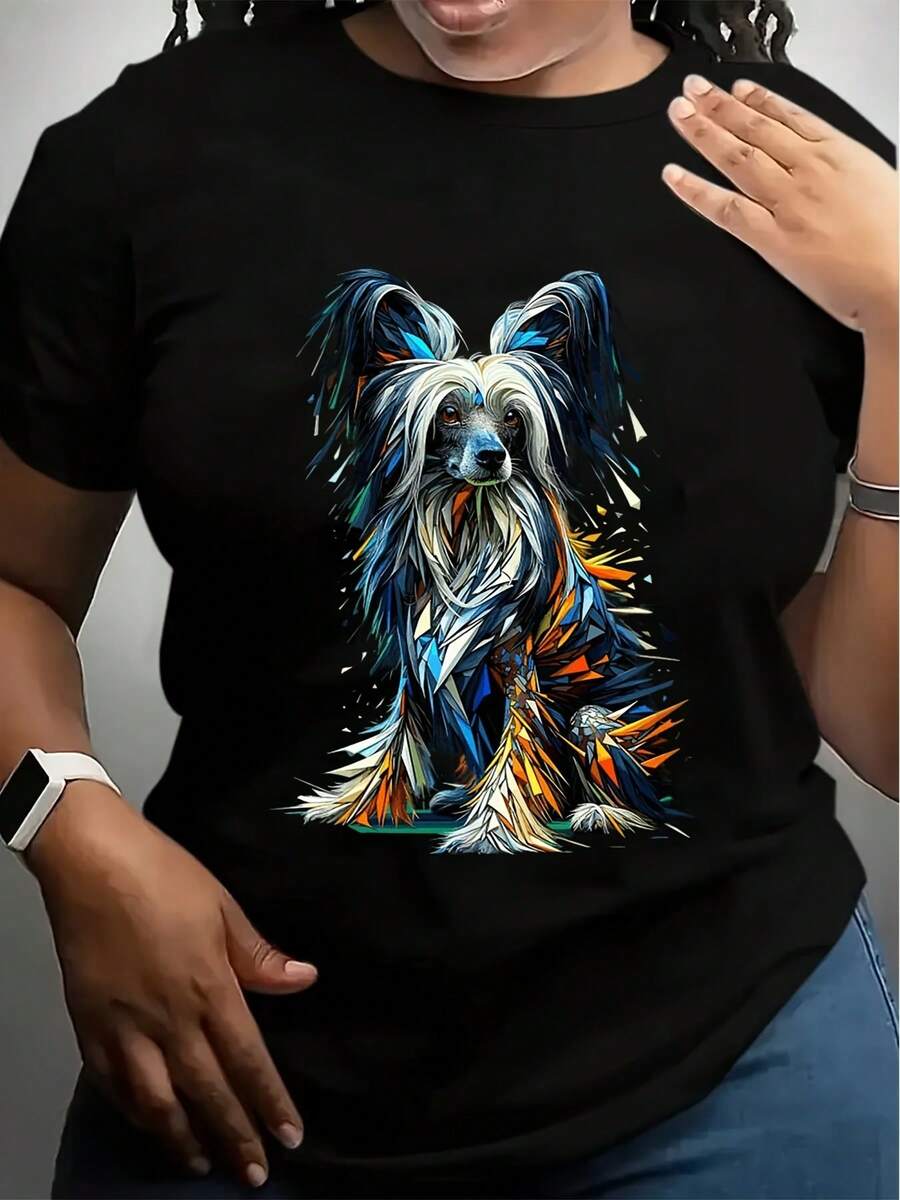 Polygon Art Chinese Crested Dog Crestie T-Shirt - 黑色 - 查看 1