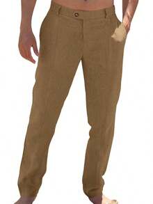 Mens Casual Pants Elastic Waist Cotton Linen Pants Pleated Loose Fit Lightweight Beach Yoga Trousers-20256688 - 棕色 - 查看 1