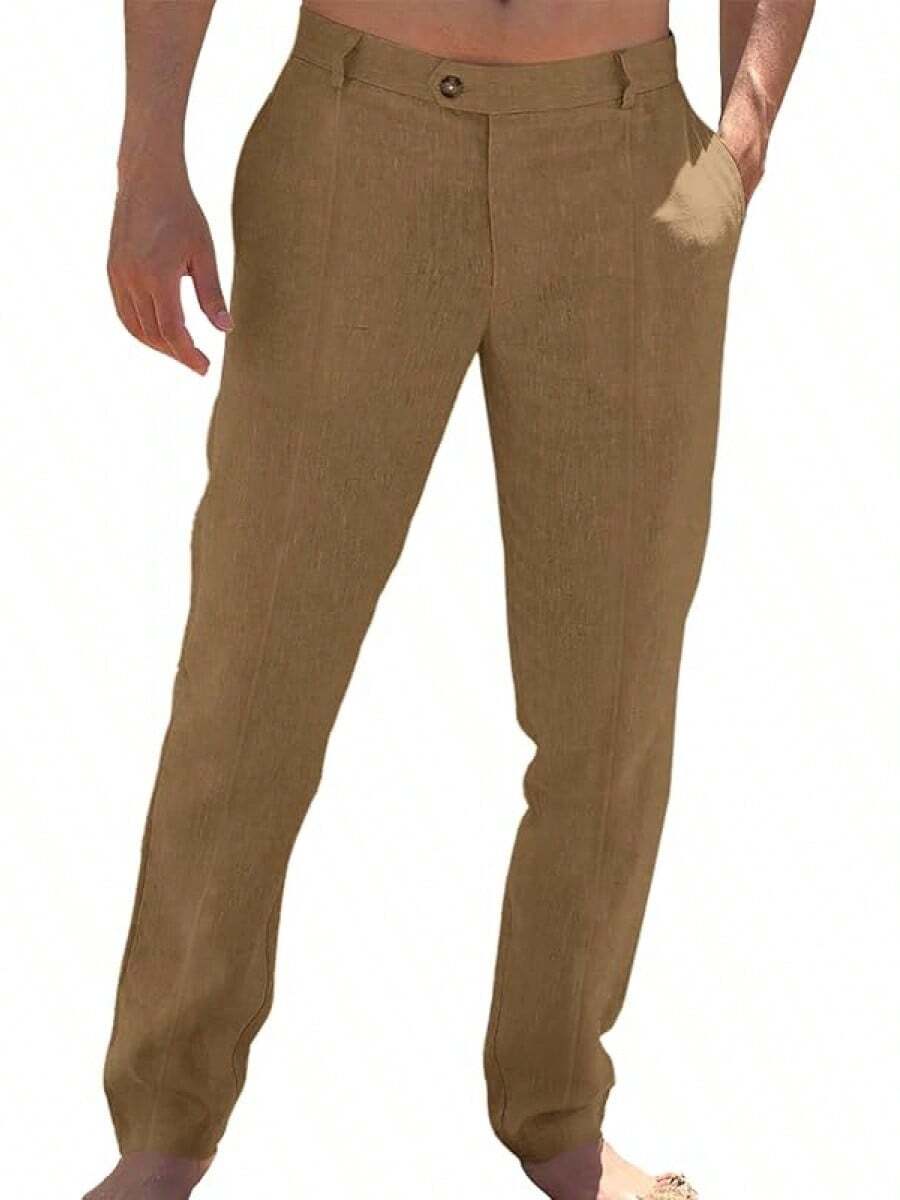 Mens Casual Pants Elastic Waist Cotton Linen Pants Pleated Loose Fit Lightweight Beach Yoga Trousers-20256688 - 棕色 - 查看 1