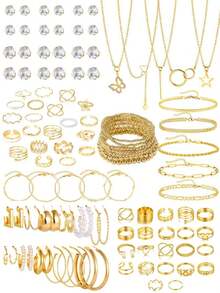 38-68pcs Middle Eastern Style Elegant Vintage Butterfly, Heart, Pearl, Twist, Star, Moon, Rhinestone, Snake Chain, Braided Chain, Geometric C-Shaped Earrings, Necklace, Ring, Bracelet Jewelry Set For Holiday, Party, Gift,Random Jewelry