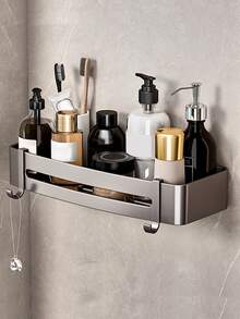 1 pieza Estantería de pared de baño de color gris gunmetal, ideal para almacenar artículos de tocador, estantería de esquina, soportes de almacenamiento, estantes cuadrados de aluminio de color gris arma, estante de ducha, colgador de cocina, estante para champú, accesorios de baño