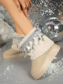 2025 Autumn/Winter New Women Snow Boots, Faux Fur Tassels Thermal Lined Furry Shoes, Grey/Black Thick Sole Short Boots, Soft Plush Rhinestone Home Slippers