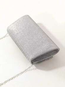 Silver Mini Glitter Evening Bag Glamorous Pleated Square Bags Sparkly Rhinestones Decor Flap Bag Metal Chain For Wedding Dinner/Banquet