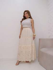 Long Skirt - Embroidered With Elastic Lining At The Waist - Cream - View 3