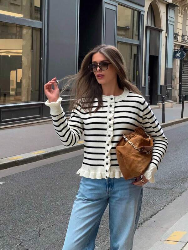 Suéter de mujer de punto Joy para otoño/invierno - Tops básicos - Suéter de cuello redondo con volantes en puños y bajo, de estilo casual y minimalista con botones múltiples - Atuendos de oficina para mujer - Tops para salir - Fiesta - Año Nuevo