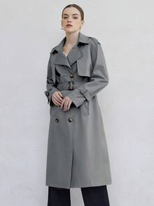 ZIAI Snygg trenchcoat i midimodell med slagkrage, dubbla knappar, bälte och fickor, långa raglanärmar för kvinnor - Grå - Visa 3