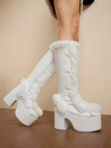 Women Girlr  Furry Footwear Boots Shoe Y2k Solid Color Platform Thick Heel    The Knee Boots Punk Knight Boots Outdoor Party Fur Splicing Integrated Slim Boots Knee Boots Pink Boots, White Boots, Brown Boots - 白色 - 查看 9