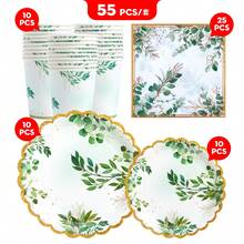 30pcs Green Leaf & Gold Trim Disposable Plates, Napkins And Cups, Party Supplies Suitable For Birthday, Wedding, Party, Family Picnic - Multicolor - View 12