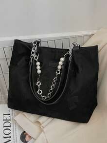 女士花卉布艺托特包，大容量通勤包，时尚百搭必备 - 黑色 - 查看 12