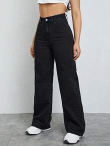 XIANGHE Jeans de pierna recta de talle alto - Negro - Ver 5