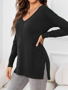 DEARCASE Women's Casual Solid Color V-Neck Drop Shoulder Split Hem Sweater - Black - View 5
