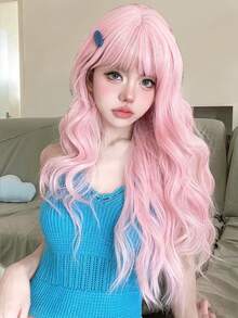 alicegarden 1 Synthetic Heat-Resistant Wig With Bangs, Pink Long Rolled Wig, 28 Feet Long, Made Of Fiber, Suitable For Daily Use, Natural Simulation Wig