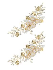 1件装花朵婚礼发夹金色珍珠发饰水晶新娘发饰女士情人节配饰 - 金色 - 查看 14