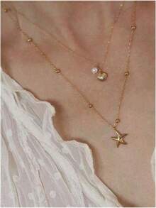 1pc Ins Inspired Sea-Themed Double Layer Necklace  Gold Plated Stainless Steel Shell & Starfish Pendant, Waterproof Dainty Layering Jewelry For Women, Perfect For Beach Getaways & Daily Wear,  Light Luxury Accessory, Ideal Gift - 彩色 - 查看 5