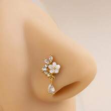 1 pieza Pendiente de nariz de acero inoxidable con diseño floral de cobre y circonita, joyería de perforación corporal de alta gama