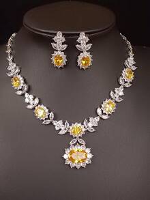 1 Set mit 3 Stücken Luxus Zirkonia Halskette & Ohrringe Schmuckset, Braut Hochzeit Party Verlobung Formale Blumen Dekor Accessoires Geschenk für Frauen