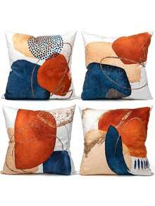4 件抽象波西米亚风格装饰枕套，海军蓝和焦橙色，具有中世纪现代美学和几何极简主义艺术，适用于沙发、床和家庭房间装饰，单面，不含枕芯。 - 彩色 - 查看 9