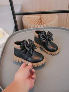 1 Pair Children's Fashion New Lychee Texture PU Hook And Loop Design Bow Decor Anti-Slip Soft Durable Chelsea Boots - Black - View 15