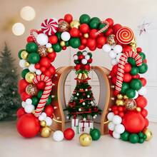 Christmas Balloon Wreath Arch Set, Including Christmas Green, 98pcs Red And White Candy Balloons And Cane Balloons, Suitable For Christmas Party Decoration
