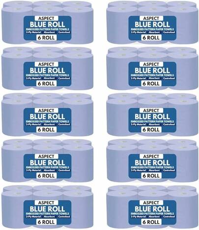 ASPECT Blue Roll Centrefeed 2 Ply Kitchen Rolls Embossed Pattern Paper Towels Strong And Absorbent Tissue Paper Wipe Away Perfect For Commercial & Kitchen Use (Blue, 12 Rolls)