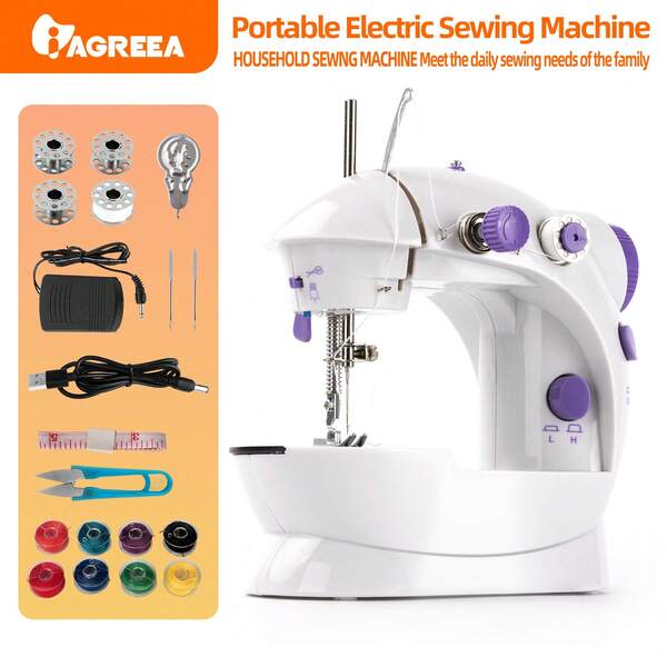 IAGREEA IAGREEA Mini Electric Sewing Machine, 6V DC Portable Sewing Tool With Auto Bobbin Winder, Foot Pedal & Night Light | 2-Speed For 1-5 Layer Fabric | Ideal For Travel, Dorm, RV & Home Use | For Button Repair, Hemming, DIY Crafts | Holiday Gift Set With 8 Thread Spools, Scissors, Tape Measure