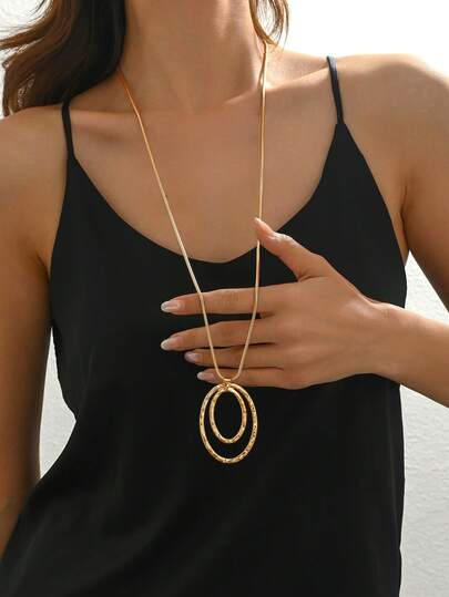 1pc Vintage Exaggerated Oval Pendant Necklace, Fashionable Jewelry Accessory Suitable For Men And Women, Outdoor And Daily Wear