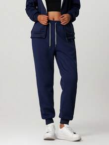 1pc Women's Thermal Lined Warm Sports Pants, Windproof & Thermal, Casual Joggers Trousers For Autumn/Winter - Navy Blue - View 10