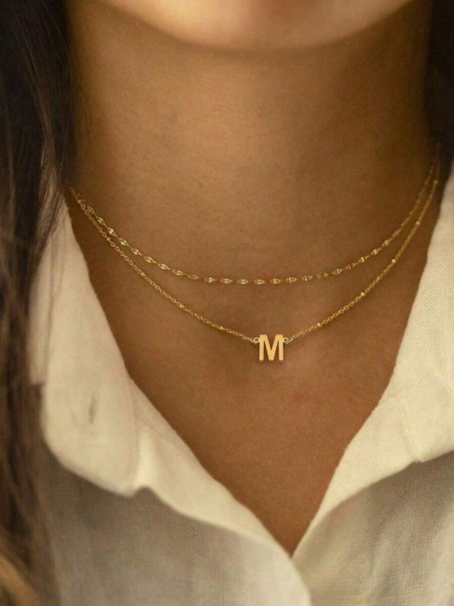 女士双层不锈钢项链，26个金银字母，欧美时尚风格，珠宝批发 - 金色 - 查看 1