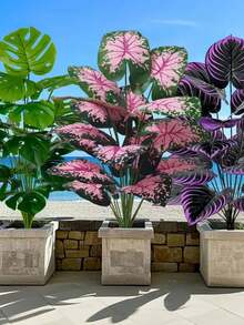 3pcs Large Artificial Plants Set, Lifelike Fake Plants Set With Violet Plants, Monstera & Pink Leaves For Home, Garden, Patio Decor | All Season Faux Greenery, Artificial Outdoor Plant, Perfect For Office, Wedding & Christmas Decoration, Home Decor, Garden Decor (Without Pot)