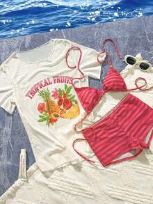 3pcs Lobster Print Bikini Set, Women Summer Beach Ocean Themed Bikini Top, Coverup T-Shirt, Casual Tie-Front Vacation, Back To School, Party Swimwear Outfits - Multicolor - View 2