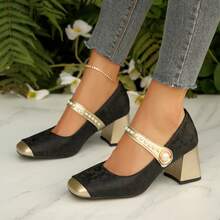 Women's High Heels, French Retro Pearl Buckle High Heels, Embroidered Fabric Upper, Comfortable Lining Fabric, Thick Heel Square Toe Jacquard Women's Shoes, Elegant Temperament Women's Shoes, Suitable For Leisure Travel, Holiday Parties - 黑色 - 查看 2