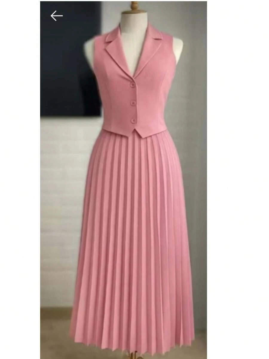 L178/573 Women's Set Vest + Pleated Skirt In Simple Tailoring Casual Fabric Button Set Beach Night Wedding Holiday All - Hồng nhạt - Xem 1