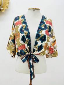 KISTYLE Crepe Blouse With Batwing Sleeves And Tie - Dark Green - View 4