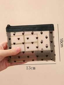 1 szt. Mini kosmetyczka z siateczki w kształcie serca, przenośna, wielofunkcyjna, przezroczysta kosmetyczka z flokowanym wzorem dla kobiet, mała kosmetyczka, kosmetyczka dla kobiet, mała kosmetyczka, kosmetyczka dla kobiet