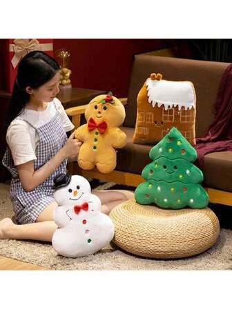 1 件圣诞枕头，带圣诞树、姜饼人、雪人、圣诞屋毛绒娃娃靠垫、节日装饰娃娃、新年圣诞礼物毛绒枕头