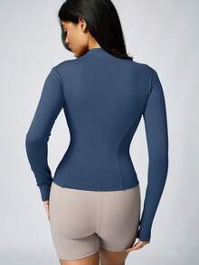 1pc Solid Color Thumb Hole Long Sleeved Sports Zipper Jacket Yoga Comfortable Activewear For Fitness Gym Running And Outdoor Activities Summer Conjunto Deportivo Mujer - 鯨藍 - 查看 7