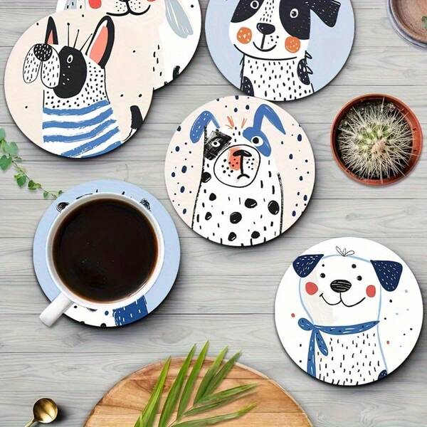 Set de 6 posavasos de madera con diseño de perro de dibujos animados en color blanco, ideal para portavasos de coche, té y café - Decoración del hogar perfecta y regalo de inauguración de la casa para padres o amigos
