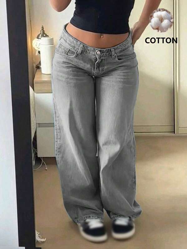 New Fashionable Vintage Wide Leg Jeans For Women, Mid-Waist Loose Flattering Straight Leg Denim Pants, Versatile All Season