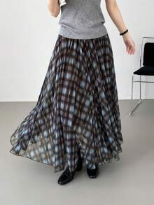 Women Skirts - Kẻ caro cà phê xanh - Xem 10