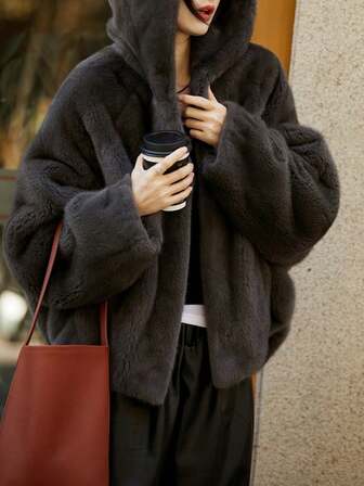 Women's Solid Color Faux Fur Zip Pocket Casual Hooded Jacket, Suitable For Travel And Dates, Autumn/Winter