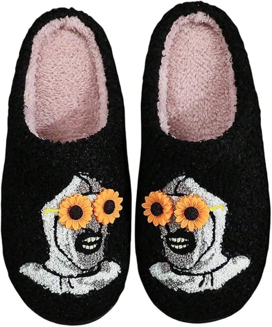 Pantuflas de calabaza de felpa acogedoras de Halloween, diseño esponjoso antideslizante - Cabeza de girasol negra - Ver 1