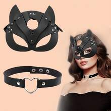 朋克猫服装套装，配有眼罩、心形颈链和仿皮手套 - 非常适合万圣节派对、漆皮舞会（图 1 或 7 中的面具将随机发货） - 彩色 - 查看 11