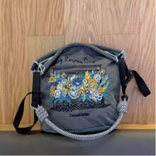 1 Stück lila Nylon Ingwer Blume bestickte Reißverschluss Lässig vielseitige Mini Eimer Tasche, geeignet für tägliches Einkaufen und Reisen, Damen Schulter- & Umhängetasche